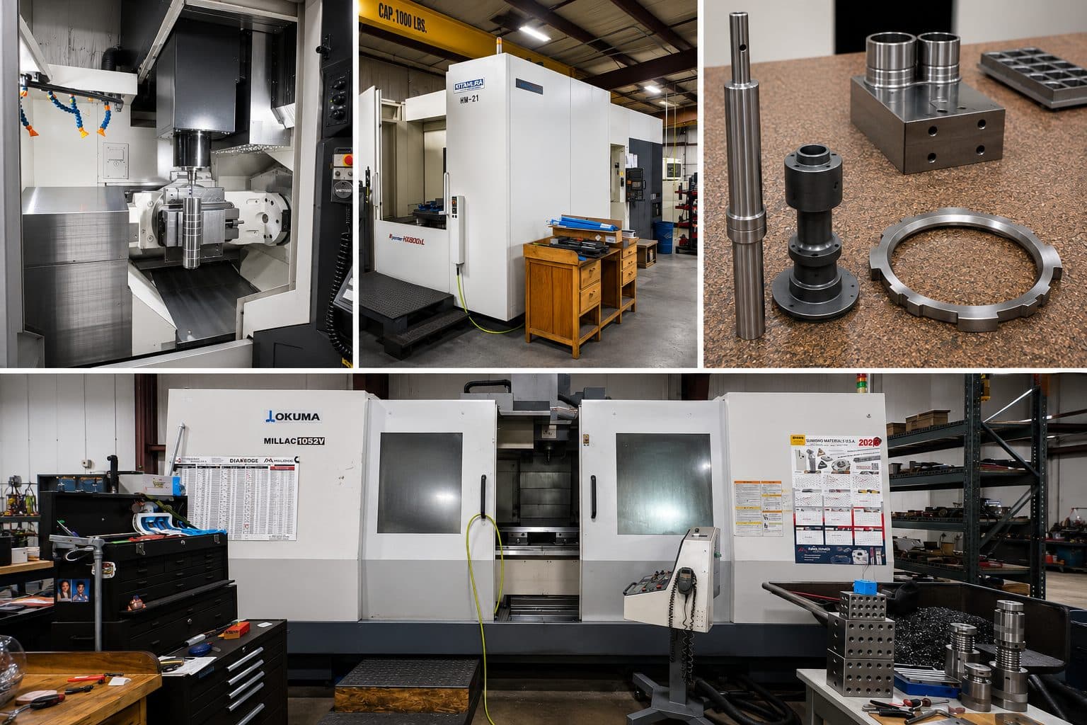 Wide shot of machine shop floor with multiple CNC machines running